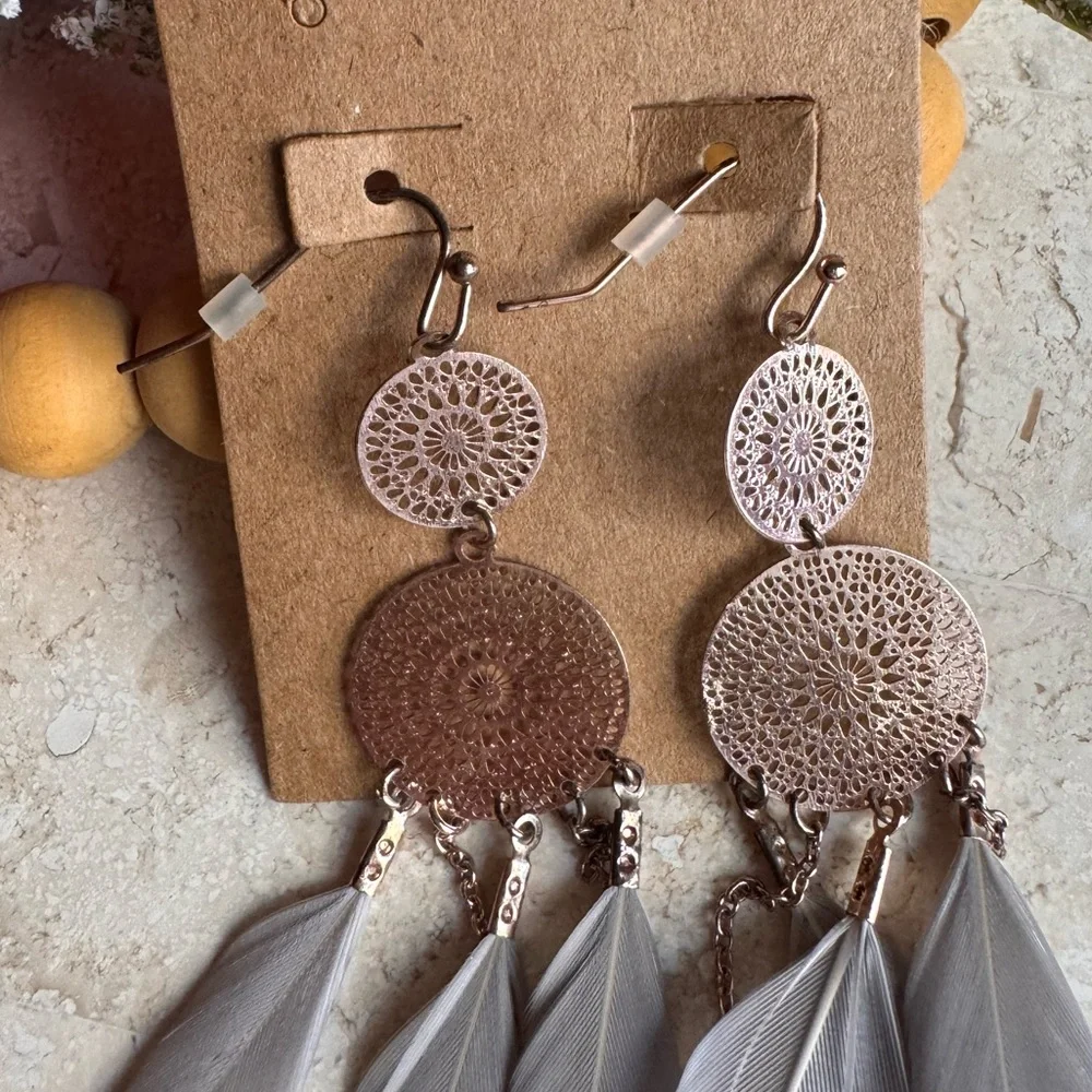 Boho Feather Dangle Earrings in Taupe - Lightweight Women’s Jewelry - Picture 3 of 4